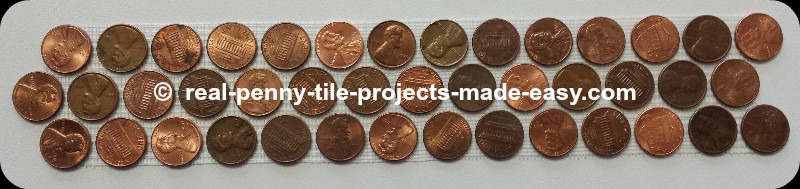 3-rows of pennies on mesh as decorative penny round mosaic tiles.