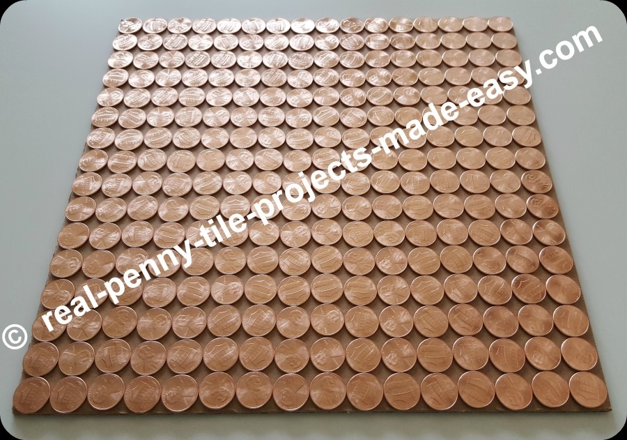 Angle view of 256 brand new pennies sitting on a square foot cardboard in straight rows.