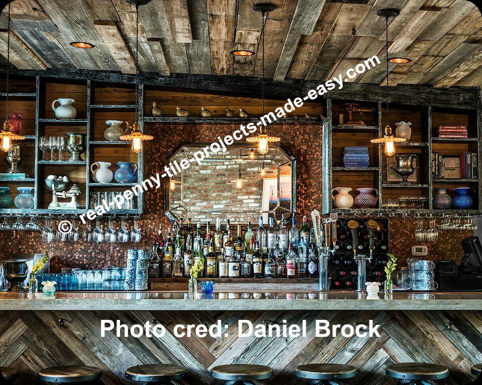 Austin TX bar wall covered with sheets of random pennies to make the perfect rustic decor.