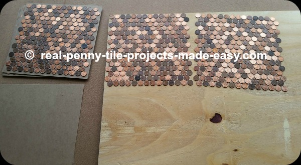 Installing pennies as mosaic tile on floor/wall - sample.
