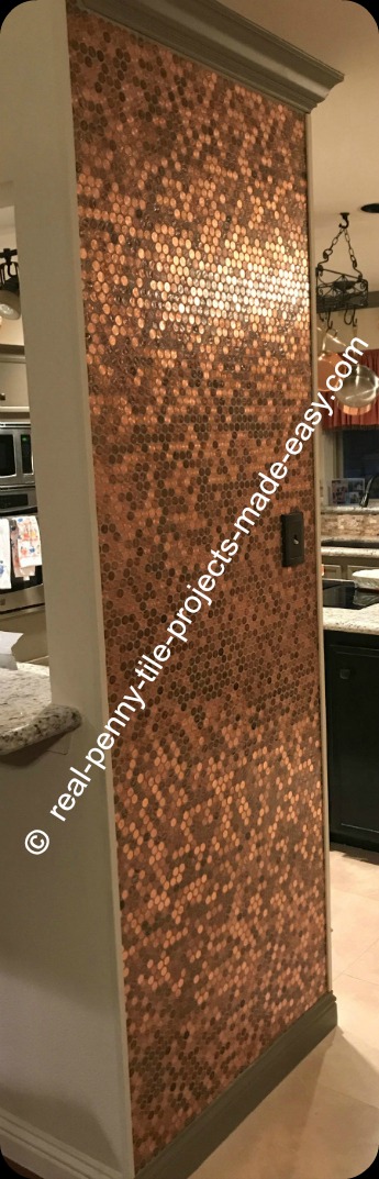 Kitchen wall finished with a real penny tile installation - real random pennies attached to mesh.