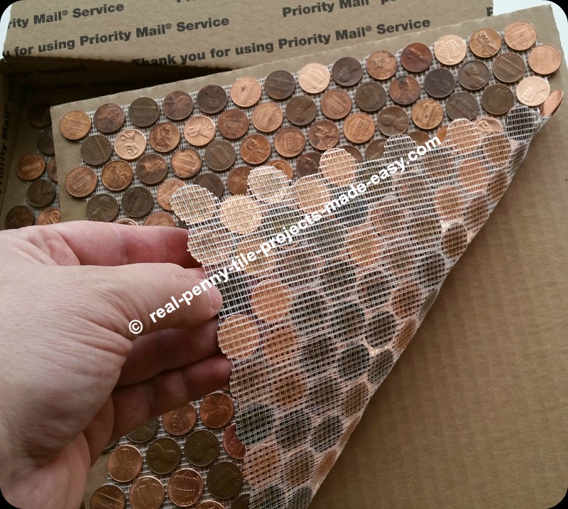 Box of penny tile sheets made with real pennies. These can be ordered and are ready to install on a floor, wall, etc.