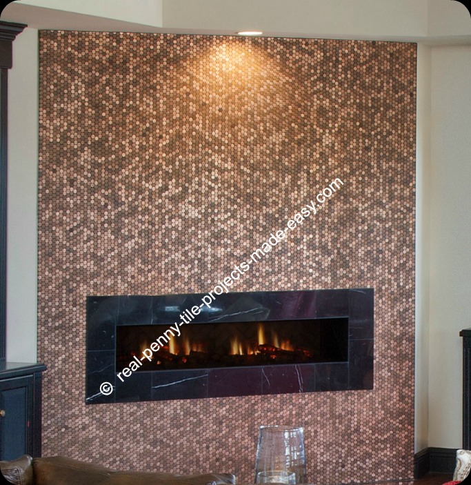 Beautiful wall covered in tile sheets of real pennies from wall to ceiling, surrounding the fireplace.