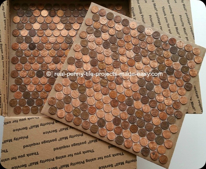 Tile sheets of pennies that can be installed on floors, walls, counter tops, backsplash and more.